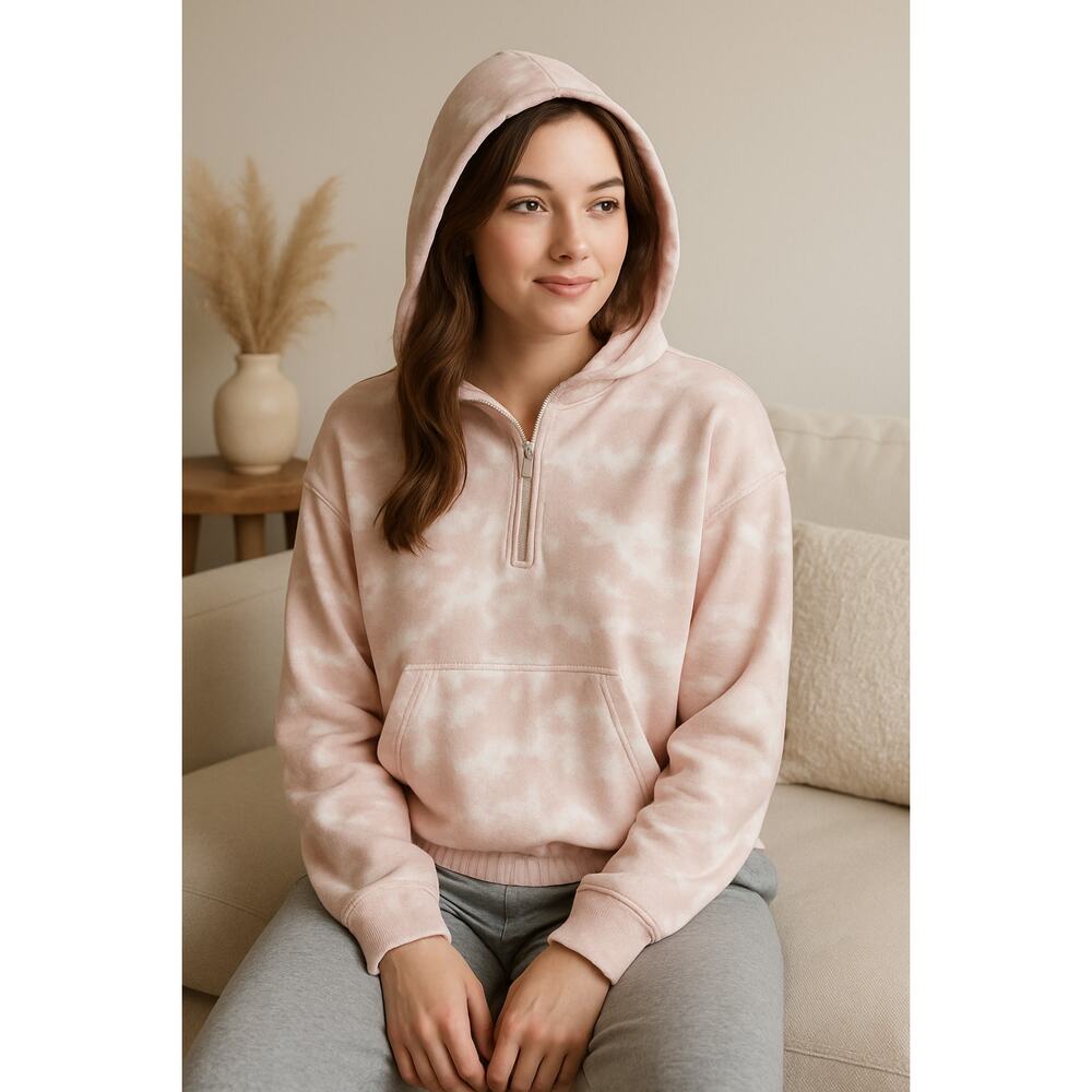 Cozy Tie-Dye Quarter Zip Hoodie Pink White Olive + Oak Size L